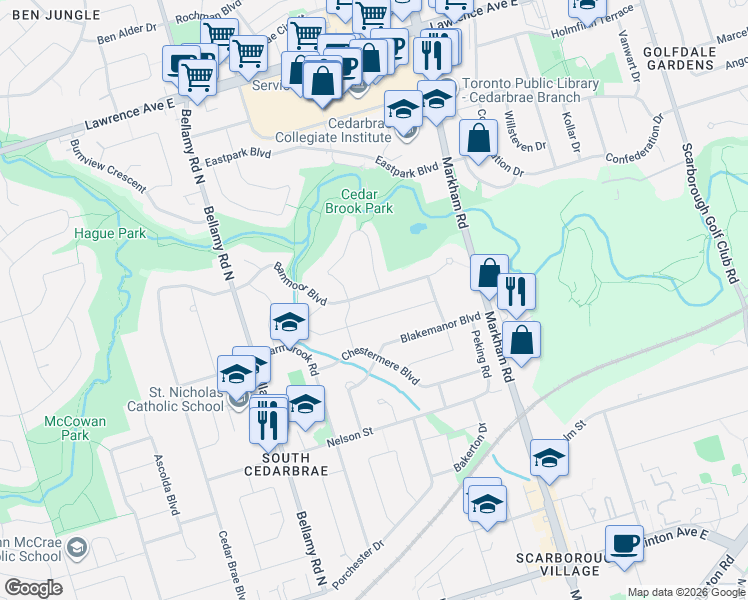 map of restaurants, bars, coffee shops, grocery stores, and more near 71 Banmoor Boulevard in Toronto