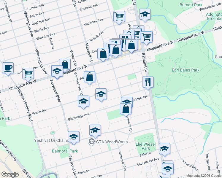map of restaurants, bars, coffee shops, grocery stores, and more near 74 Reiner Road in Toronto