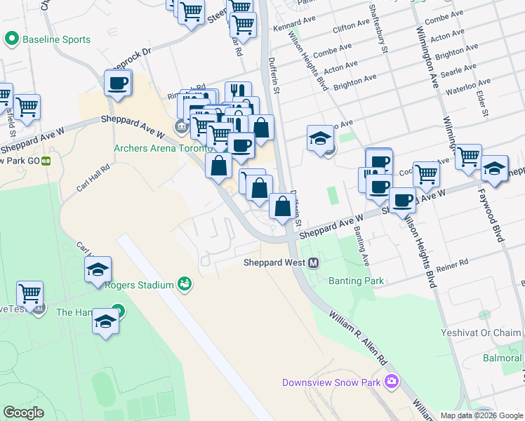 map of restaurants, bars, coffee shops, grocery stores, and more near 20 De Boers Drive in Toronto