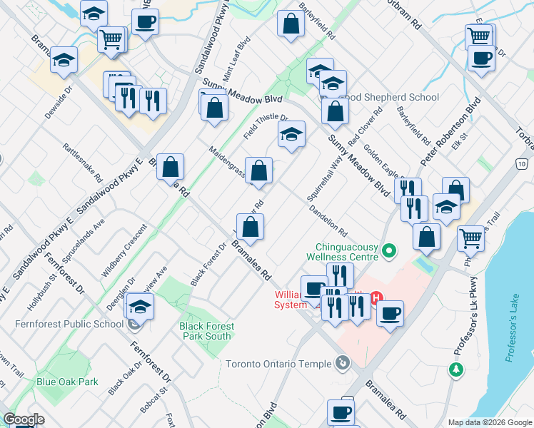 map of restaurants, bars, coffee shops, grocery stores, and more near 42 Feathertop Lane in Brampton