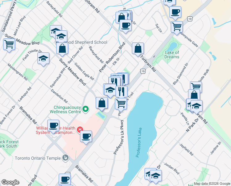 map of restaurants, bars, coffee shops, grocery stores, and more near 2250 Bovaird Drive East in Brampton