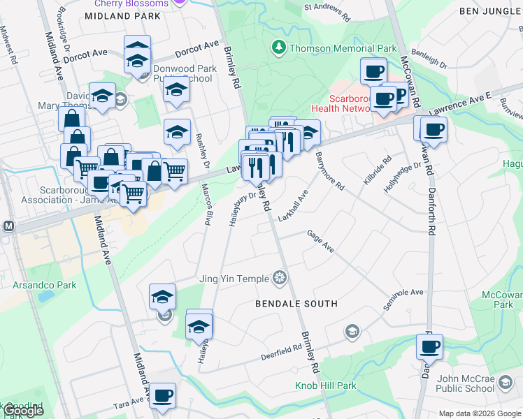map of restaurants, bars, coffee shops, grocery stores, and more near in Toronto
