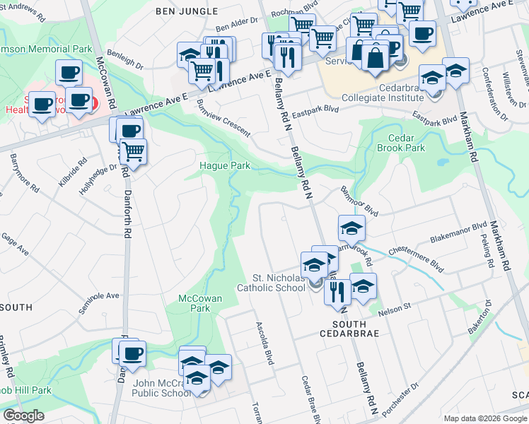 map of restaurants, bars, coffee shops, grocery stores, and more near 96 Cedar Brae Boulevard in Toronto