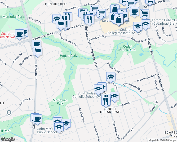 map of restaurants, bars, coffee shops, grocery stores, and more near 105 Cedar Brae Boulevard in Toronto