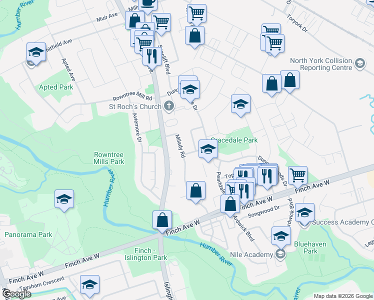 map of restaurants, bars, coffee shops, grocery stores, and more near 32 Firenza Drive in Toronto