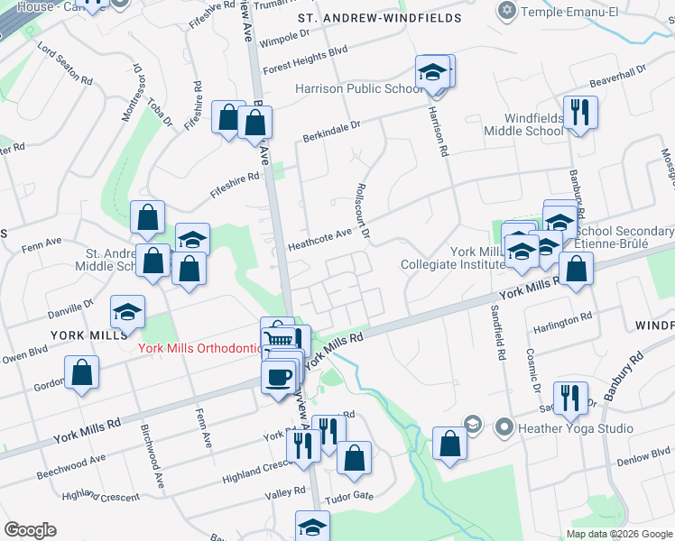 map of restaurants, bars, coffee shops, grocery stores, and more near 85 Scenic Mill Way in Toronto