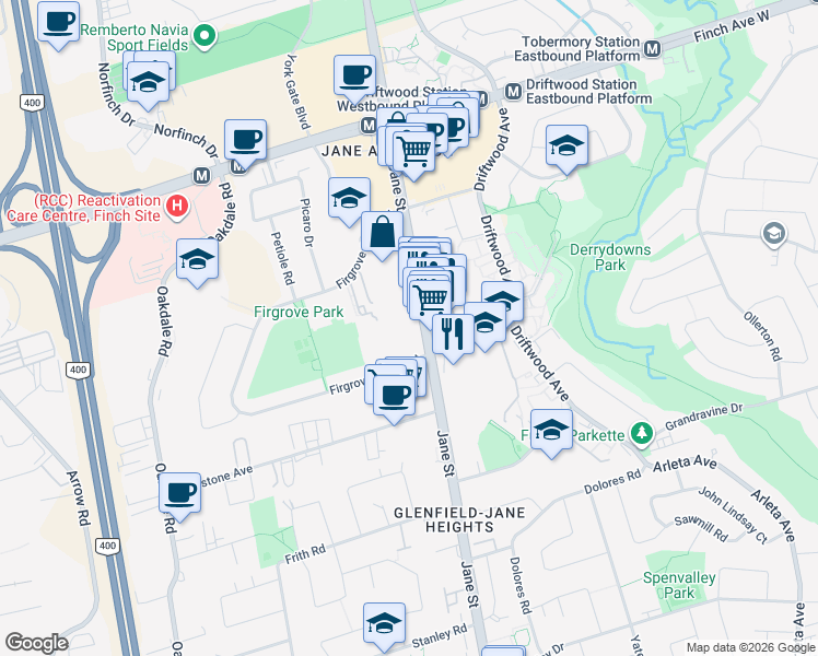 map of restaurants, bars, coffee shops, grocery stores, and more near 5 Turf Grass Way in Toronto