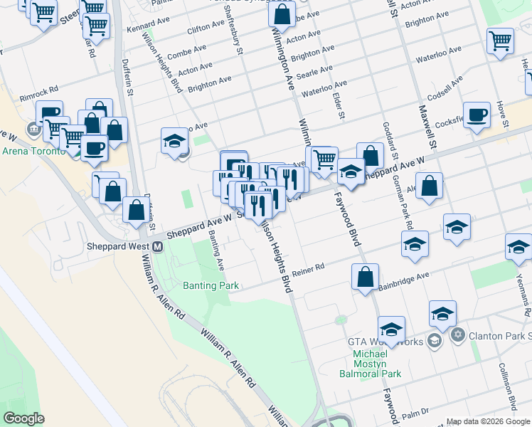 map of restaurants, bars, coffee shops, grocery stores, and more near in Toronto