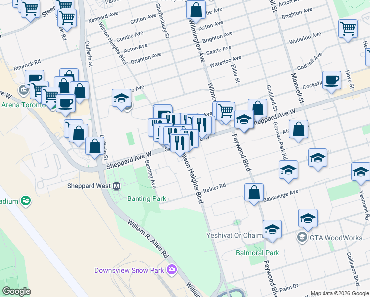map of restaurants, bars, coffee shops, grocery stores, and more near in Toronto