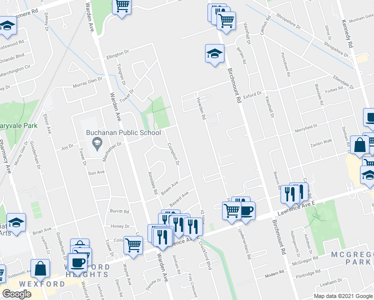map of restaurants, bars, coffee shops, grocery stores, and more near 83 Ellington Drive in Toronto