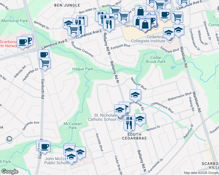 map of restaurants, bars, coffee shops, grocery stores, and more near 105 Cedar Brae Boulevard in Toronto