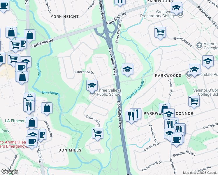 map of restaurants, bars, coffee shops, grocery stores, and more near 2 Groveland Crescent in Toronto