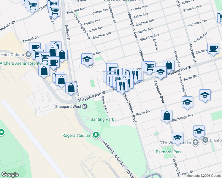map of restaurants, bars, coffee shops, grocery stores, and more near 920 Sheppard Avenue West in Toronto