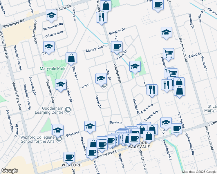 map of restaurants, bars, coffee shops, grocery stores, and more near 58 Manhattan Drive in Toronto