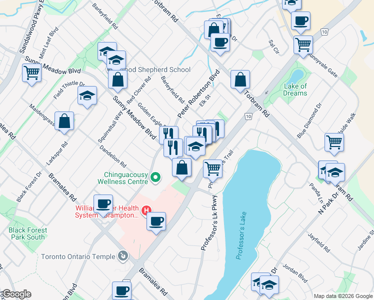 map of restaurants, bars, coffee shops, grocery stores, and more near 26 Giraffe Avenue in Brampton