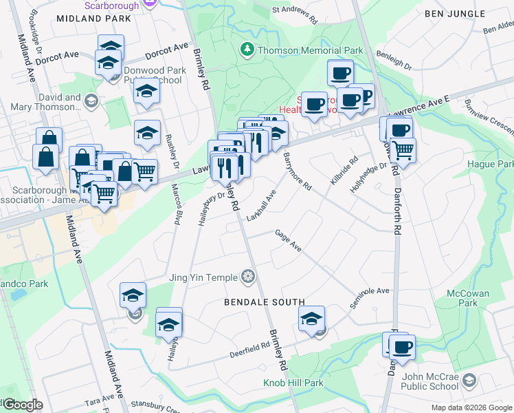 map of restaurants, bars, coffee shops, grocery stores, and more near 12 Larkhall Avenue in Toronto