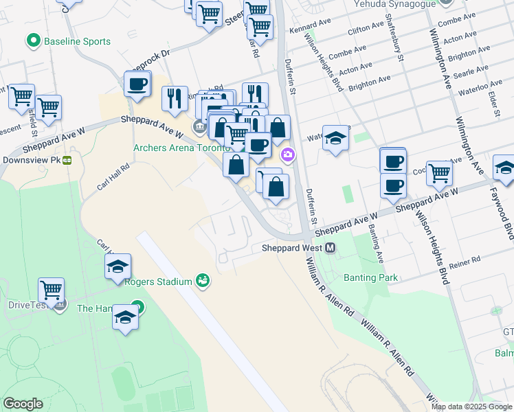 map of restaurants, bars, coffee shops, grocery stores, and more near 1096 Sheppard Avenue West in Toronto