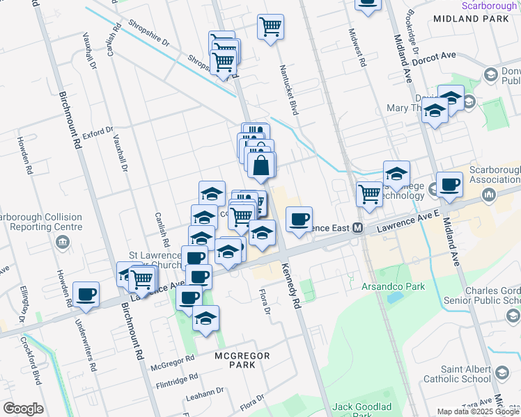 map of restaurants, bars, coffee shops, grocery stores, and more near 83 Cornwallis Drive in Toronto