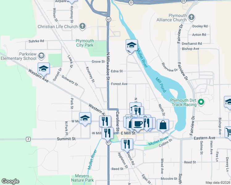 map of restaurants, bars, coffee shops, grocery stores, and more near 429 Caroline Street in Plymouth