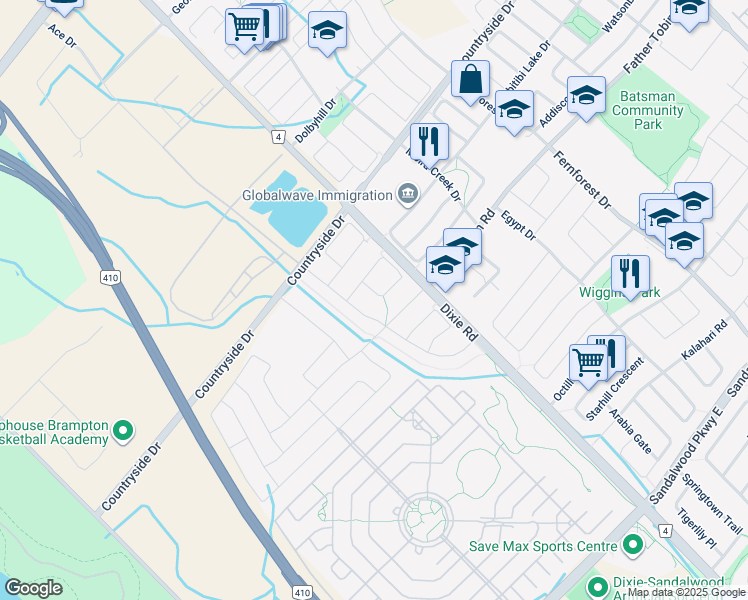 map of restaurants, bars, coffee shops, grocery stores, and more near 102 Lorenzo Circle in Brampton