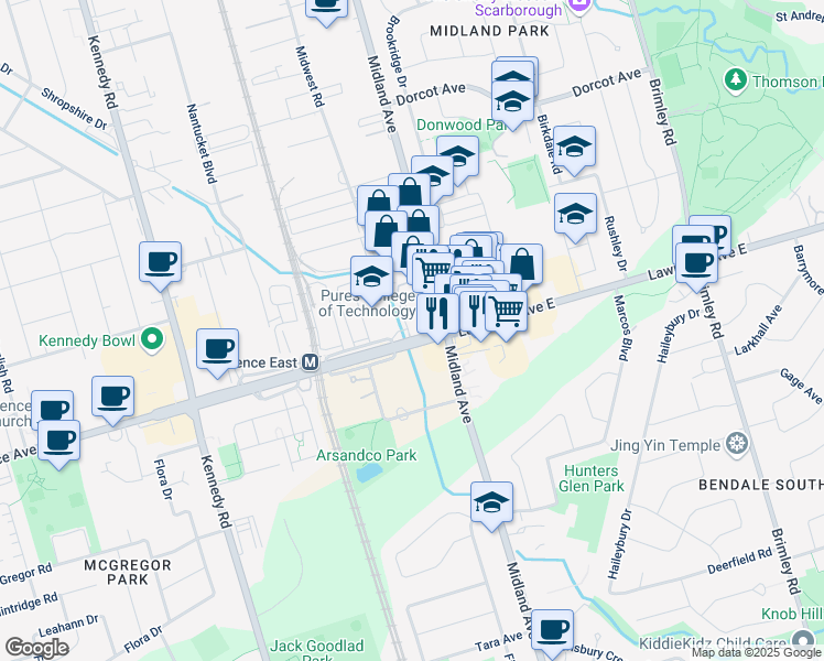 map of restaurants, bars, coffee shops, grocery stores, and more near 1470 Midland Avenue in Toronto