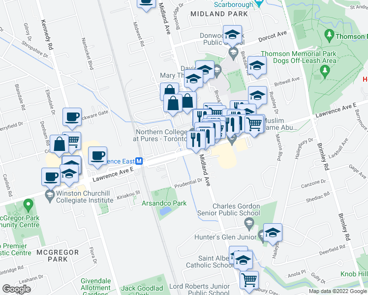 map of restaurants, bars, coffee shops, grocery stores, and more near in Toronto