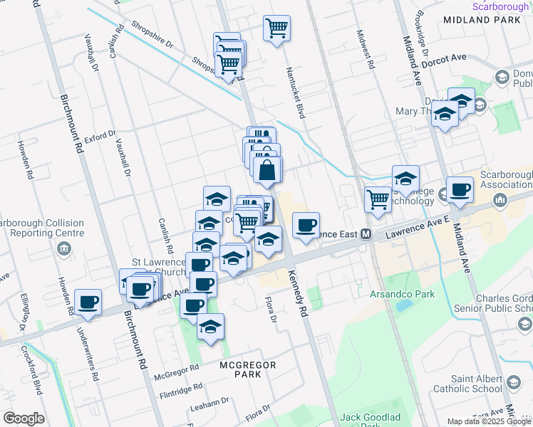map of restaurants, bars, coffee shops, grocery stores, and more near in Toronto