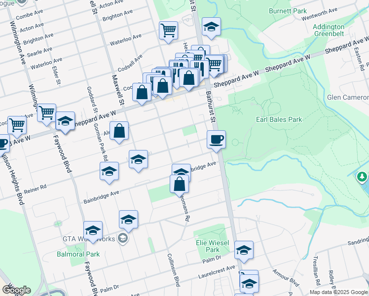 map of restaurants, bars, coffee shops, grocery stores, and more near in Toronto
