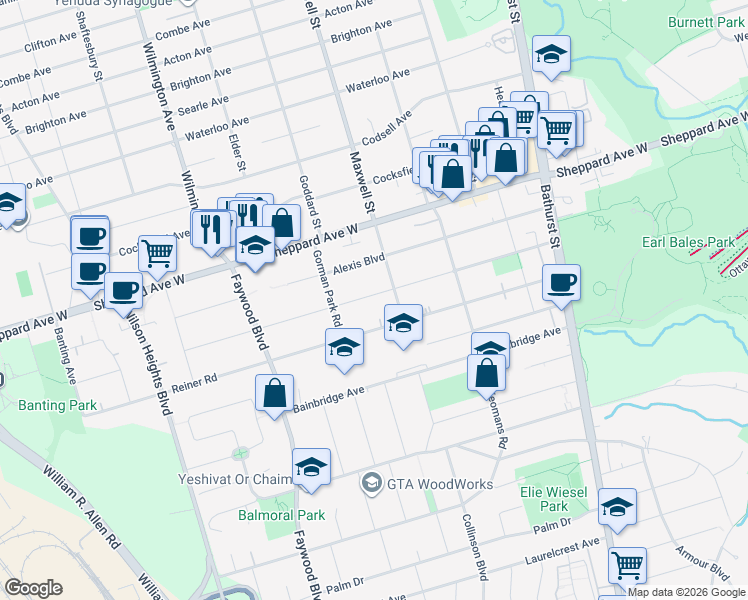 map of restaurants, bars, coffee shops, grocery stores, and more near in Toronto