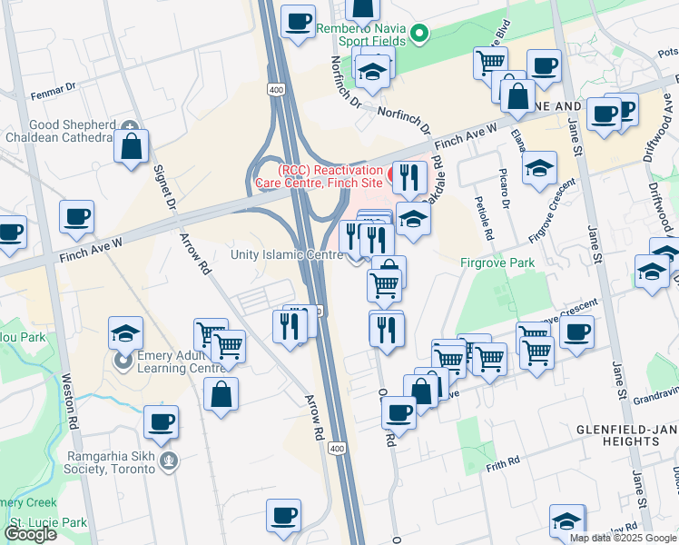 map of restaurants, bars, coffee shops, grocery stores, and more near in Toronto