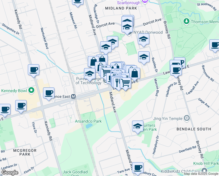 map of restaurants, bars, coffee shops, grocery stores, and more near Lawrence Ave E & Midland Ave in Toronto