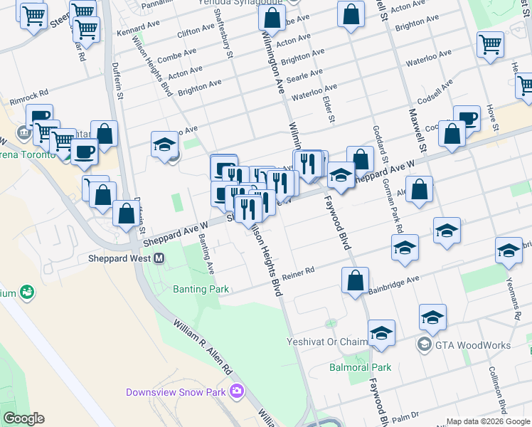 map of restaurants, bars, coffee shops, grocery stores, and more near 897 Sheppard Avenue West in Toronto