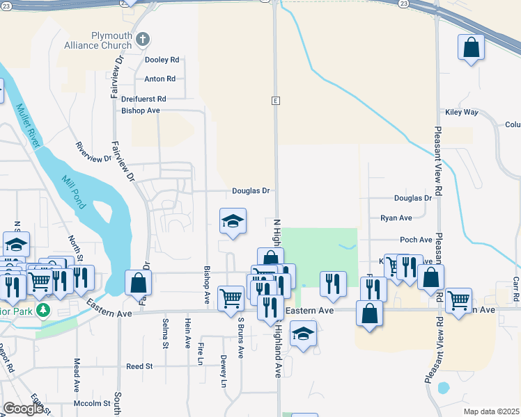 map of restaurants, bars, coffee shops, grocery stores, and more near 450 North Highland Avenue in Plymouth