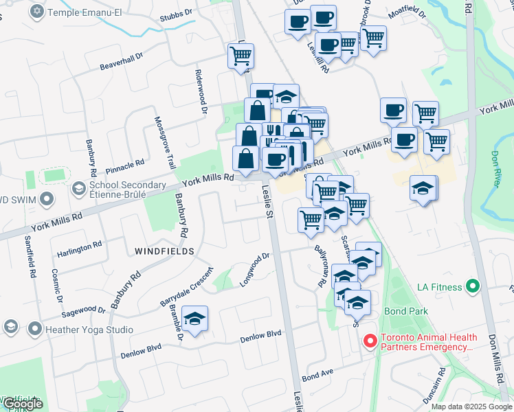 map of restaurants, bars, coffee shops, grocery stores, and more near 11 Stonedale Placeway in Toronto