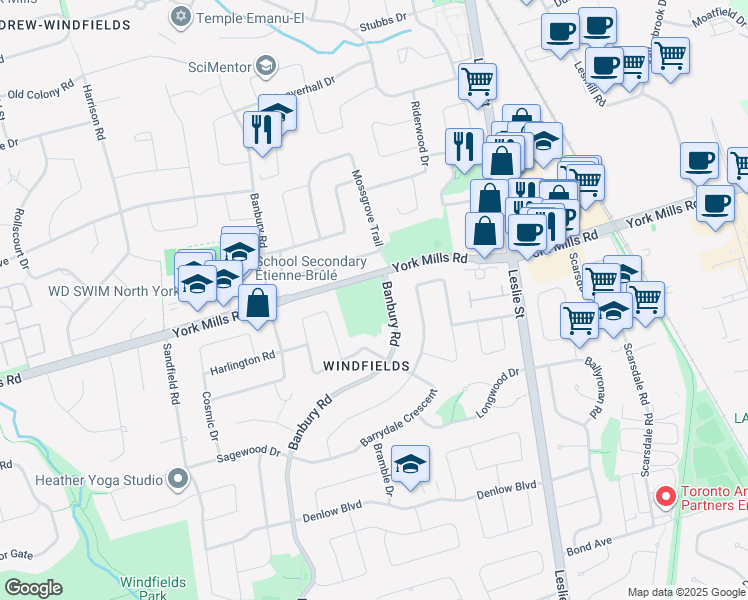 map of restaurants, bars, coffee shops, grocery stores, and more near 272 Banbury Road in Toronto