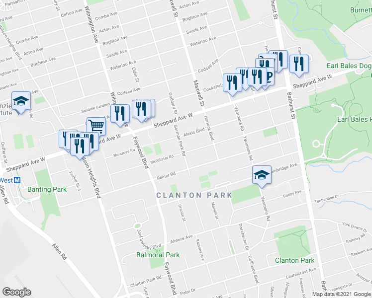 map of restaurants, bars, coffee shops, grocery stores, and more near 101 Gorman Park Road in Toronto