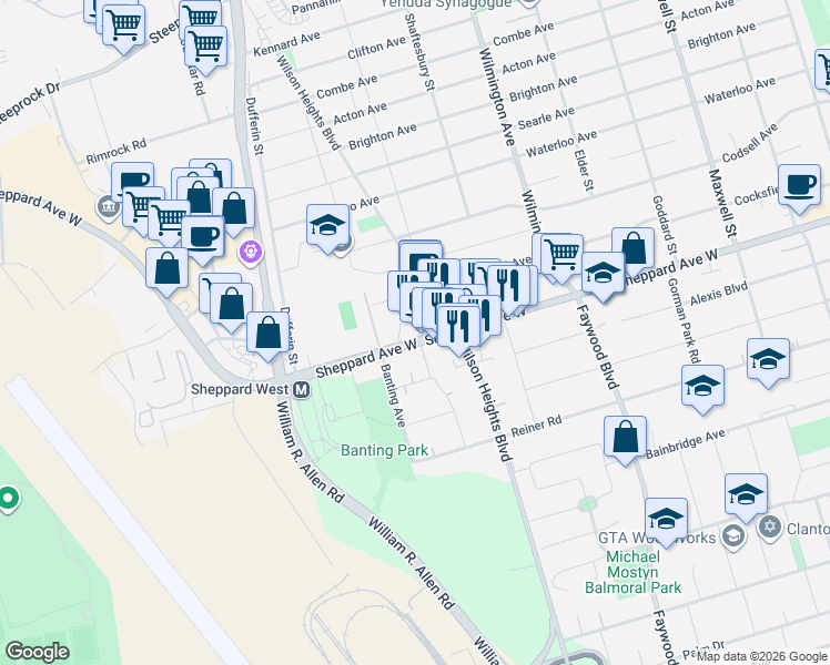 map of restaurants, bars, coffee shops, grocery stores, and more near 908 Sheppard Avenue West in Toronto