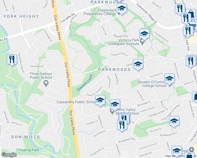 map of restaurants, bars, coffee shops, grocery stores, and more near 122 Cassandra Boulevard in Toronto
