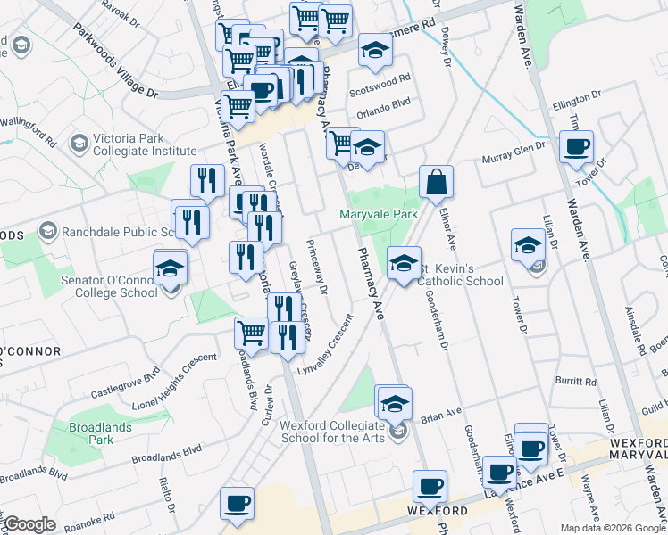 map of restaurants, bars, coffee shops, grocery stores, and more near 88 Lynvalley Crescent in Toronto