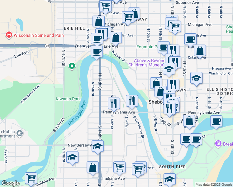 map of restaurants, bars, coffee shops, grocery stores, and more near 639 North Commerce Street in Sheboygan