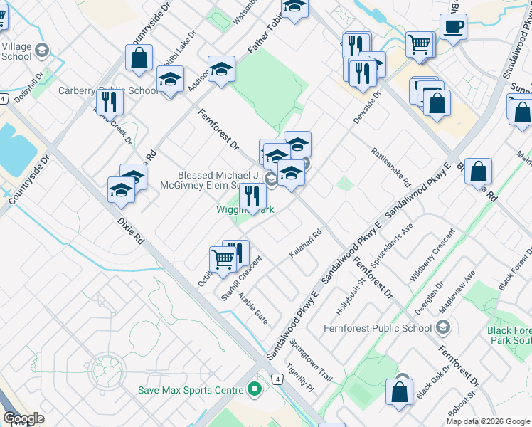 map of restaurants, bars, coffee shops, grocery stores, and more near 26 Octillo Boulevard in Brampton