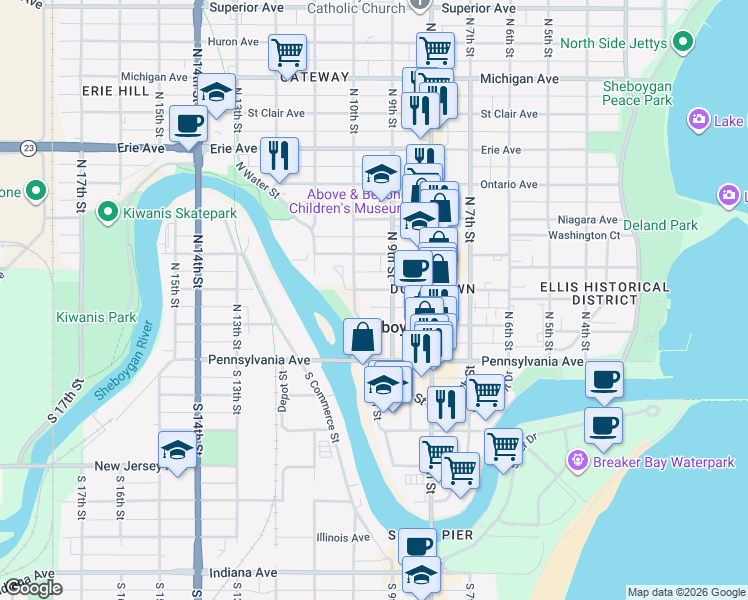 map of restaurants, bars, coffee shops, grocery stores, and more near 920 New York Avenue in Sheboygan