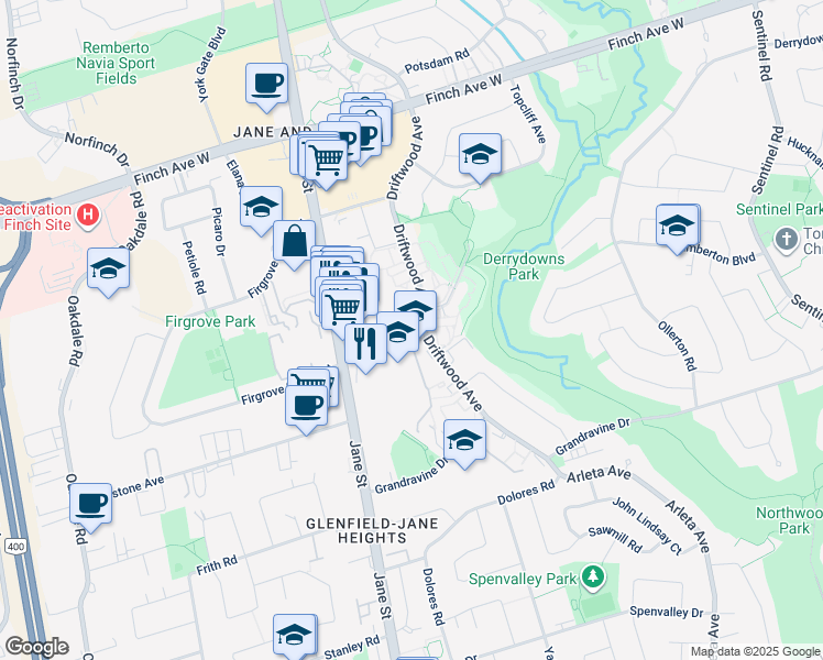 map of restaurants, bars, coffee shops, grocery stores, and more near 10 Yorkwoods Gate in Toronto