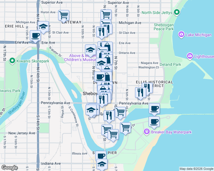 map of restaurants, bars, coffee shops, grocery stores, and more near 625 North 8th Street in Sheboygan