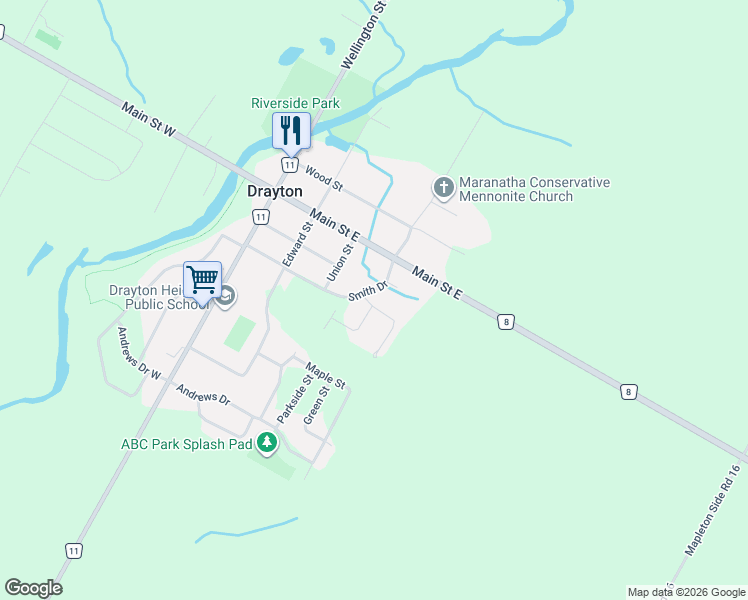 map of restaurants, bars, coffee shops, grocery stores, and more near 11 Bonniewood Drive in Drayton