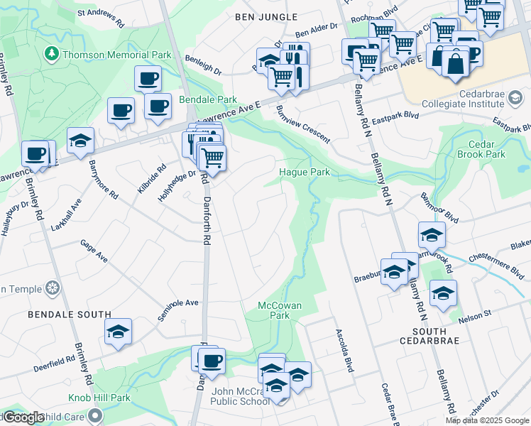 map of restaurants, bars, coffee shops, grocery stores, and more near 35 Rossander Court in Toronto