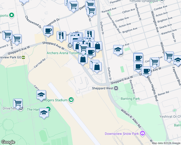 map of restaurants, bars, coffee shops, grocery stores, and more near 1100 Sheppard Avenue West in Toronto