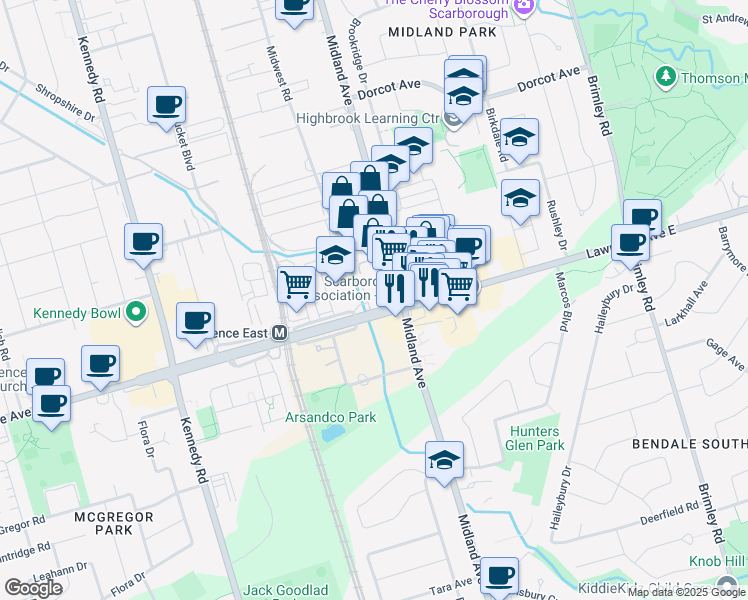 map of restaurants, bars, coffee shops, grocery stores, and more near 2550 Lawrence Avenue East in Toronto