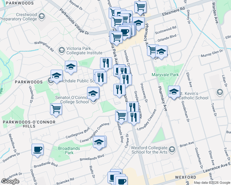map of restaurants, bars, coffee shops, grocery stores, and more near 100 Rowena Drive in Toronto