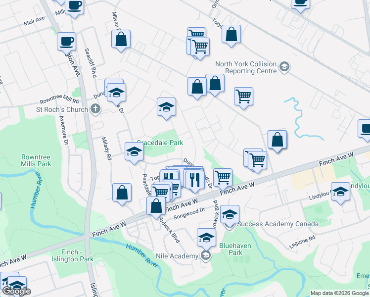 map of restaurants, bars, coffee shops, grocery stores, and more near 163 Gracedale Boulevard in Toronto